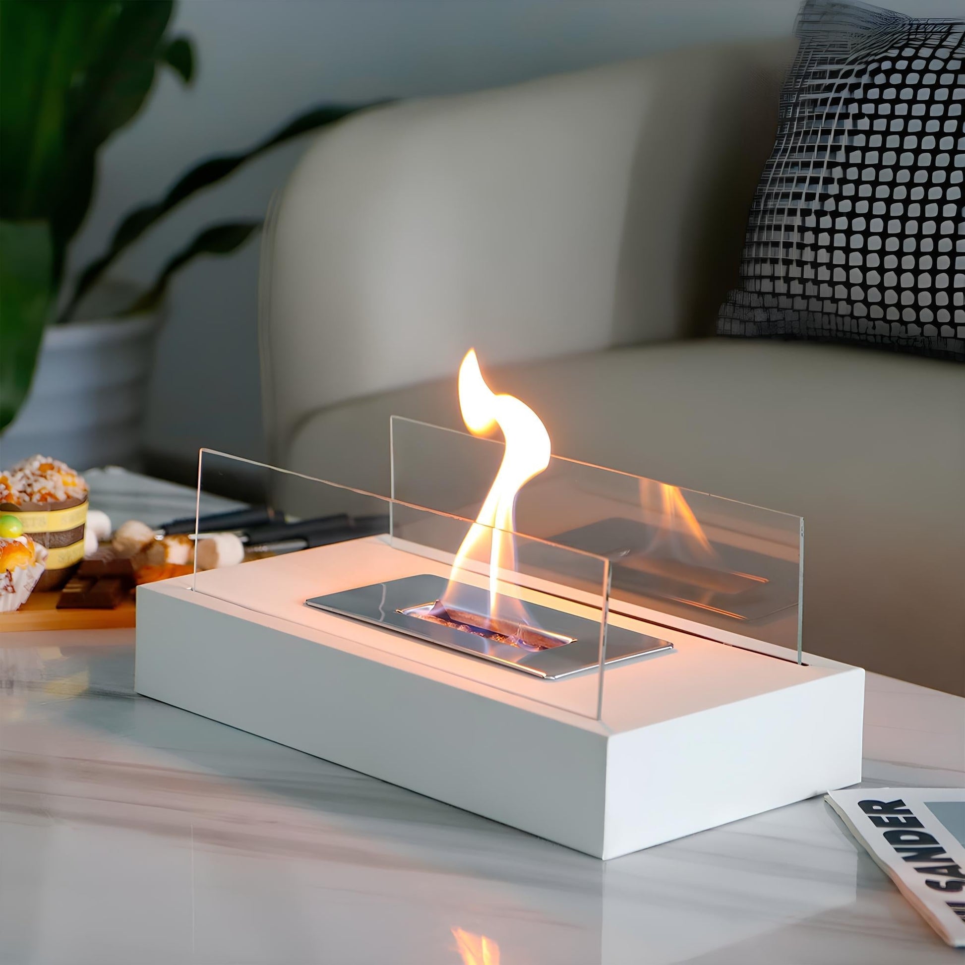 Eleganter Tischkamin aus Glas und Stahl – Tragbarer Bioethanol Kamin für Innen- und Außenbereiche, Tischfeuer mit Stil und Wärme 1