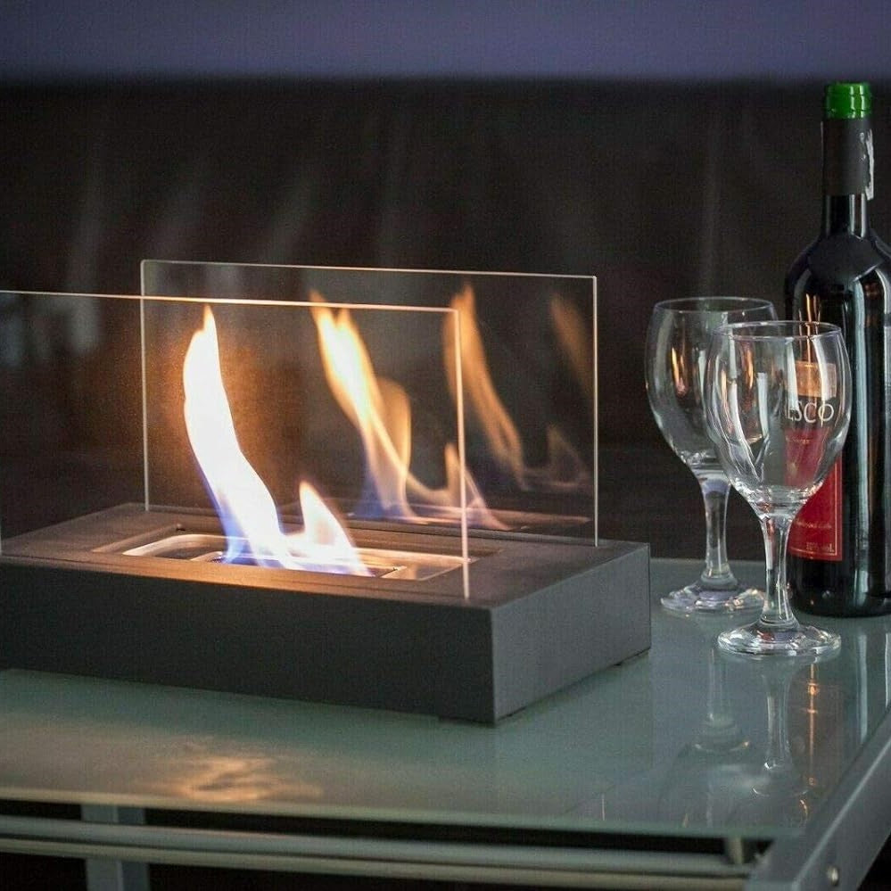 Eleganter Tischkamin aus Glas und Stahl – Tragbarer Bioethanol Kamin für Innen- und Außenbereiche, Tischfeuer mit Stil und Wärme 3