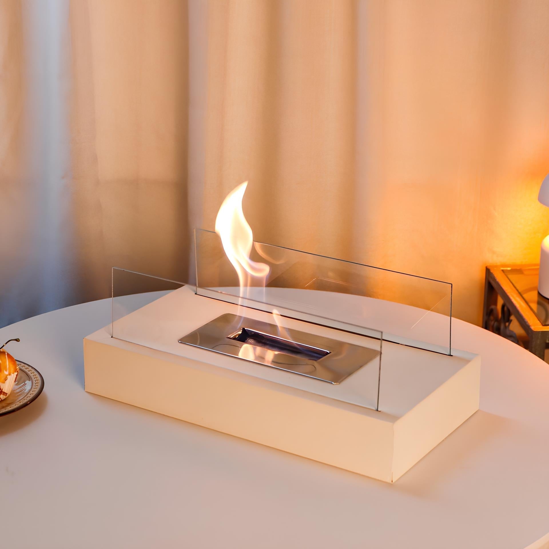 Eleganter Tischkamin aus Glas und Stahl – Tragbarer Bioethanol Kamin für Innen- und Außenbereiche, Tischfeuer mit Stil und Wärme 4