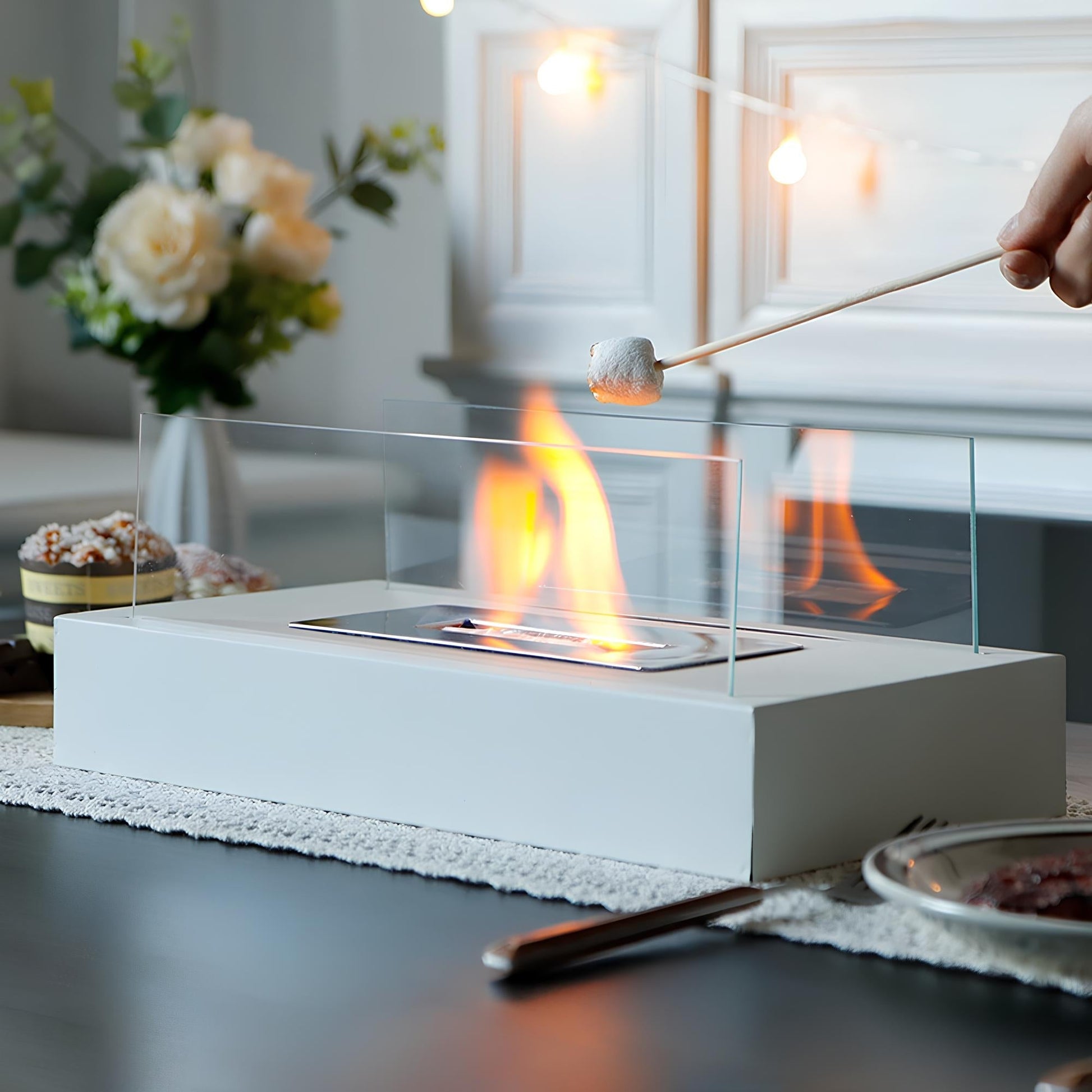 Eleganter Tischkamin aus Glas und Stahl – Tragbarer Bioethanol Kamin für Innen- und Außenbereiche, Tischfeuer mit Stil und Wärme 5