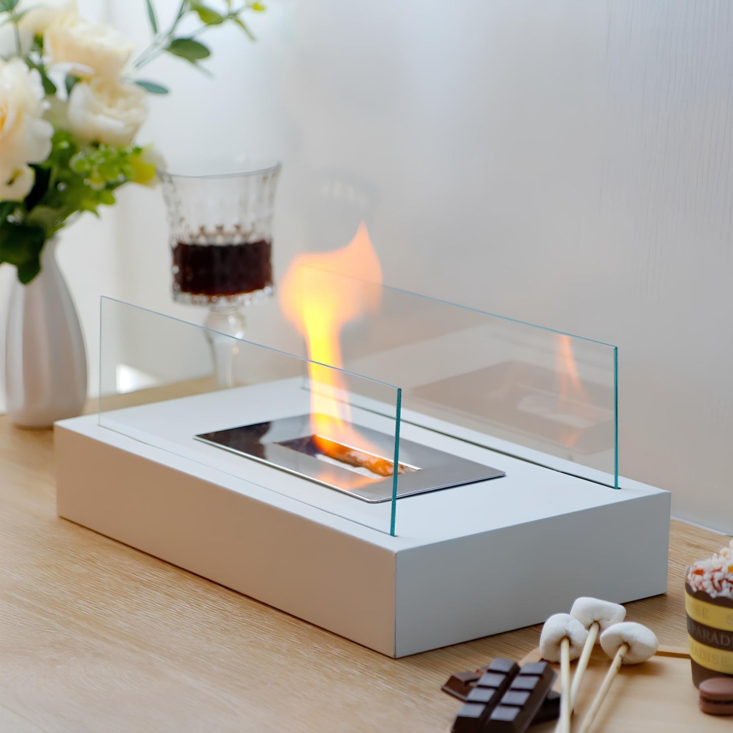 Eleganter Tischkamin aus Glas und Stahl – Tragbarer Bioethanol Kamin für Innen- und Außenbereiche, Tischfeuer mit Stil und Wärme 6