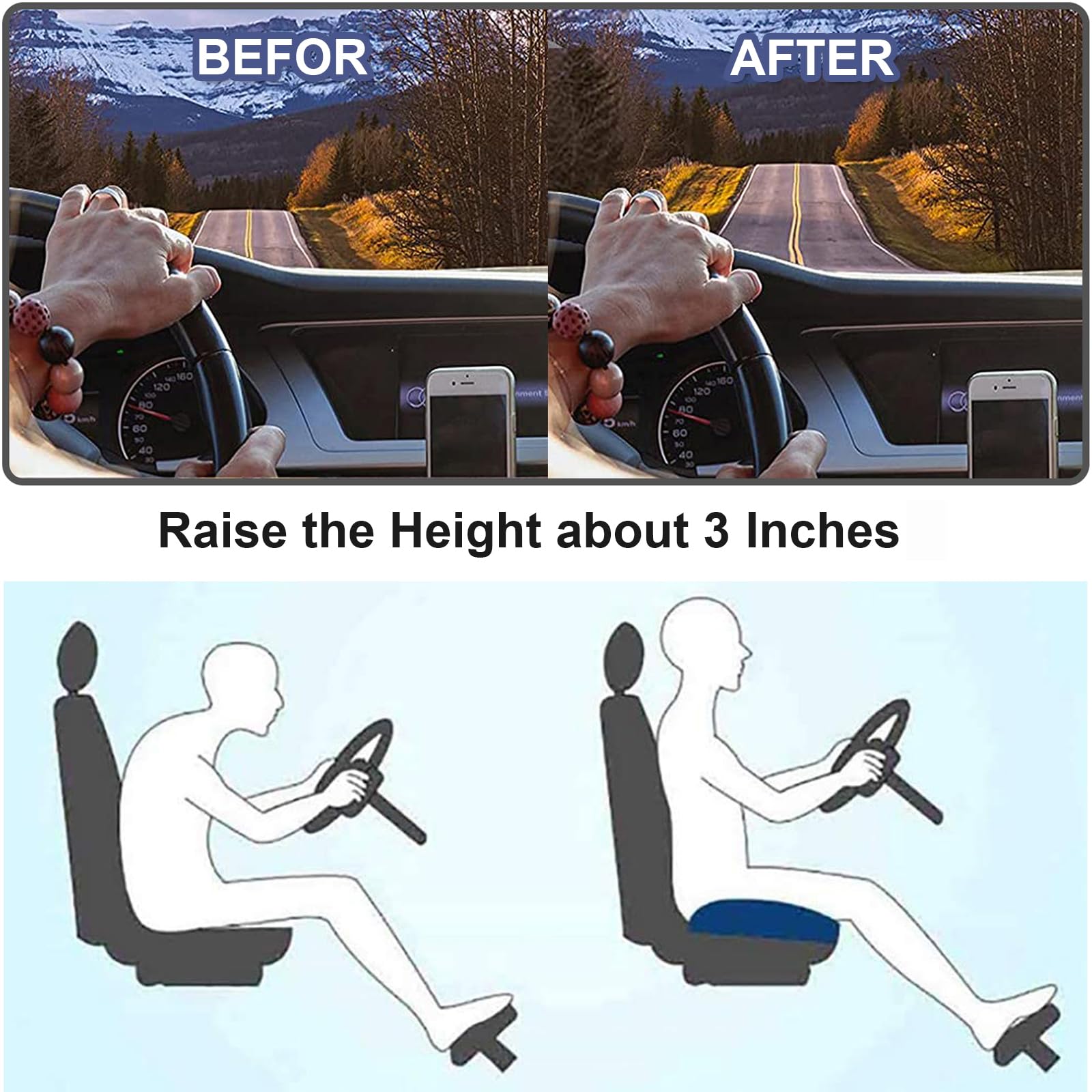 Ergonomisches Autositzkissen mit Gedächtnisschaum für besseren Komfort und Sichtfeld, 43 x 43 cm, Polyester 2