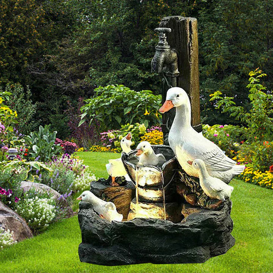 Gartenbrunnen – Quackhaven-Entenfamilie, dekoratives Wasserspiel für den Außenbereich für ruhige Gärten, leichtes Harzdesign 0