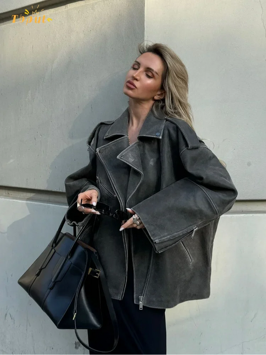 Graue Damenjacke aus Wildleder mit Reißverschluss und Taschen – Modischer Herbstmantel für Alltag 0