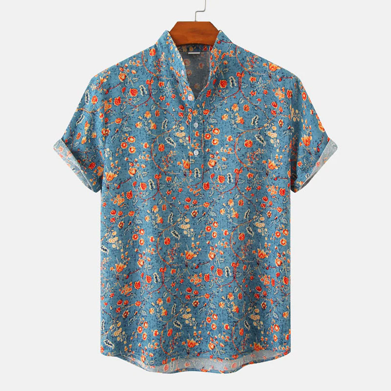Herren Hemd Kurzarm Blumenmuster Hochwertiger Stoff Sommer Hemd 0