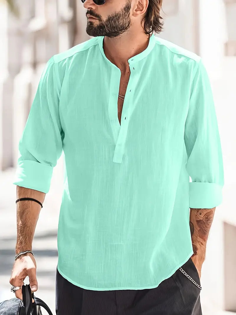 Herren Leinenhemd Langarm Klassisches Design Atmungsaktiv 100% Leinen 2