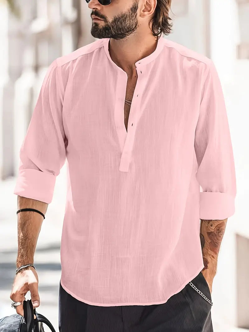 Herren Leinenhemd Langarm Klassisches Design Atmungsaktiv 100% Leinen 3