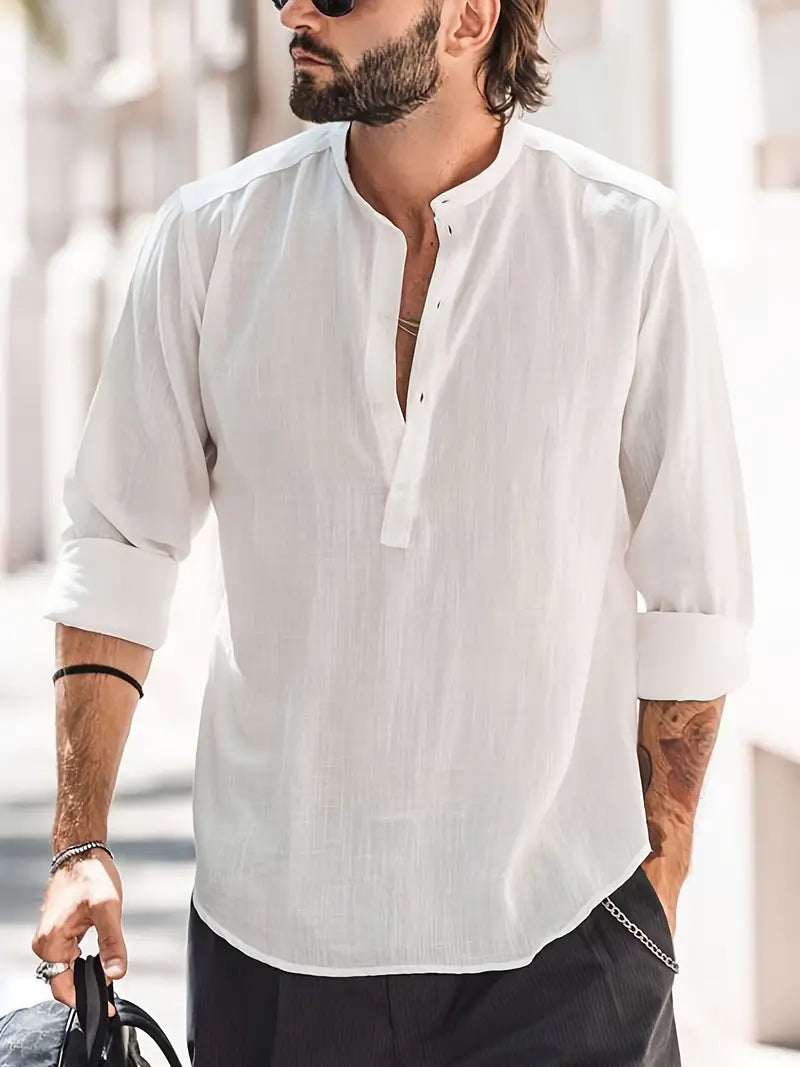 Herren Leinenhemd Langarm Klassisches Design Atmungsaktiv 100% Leinen 9