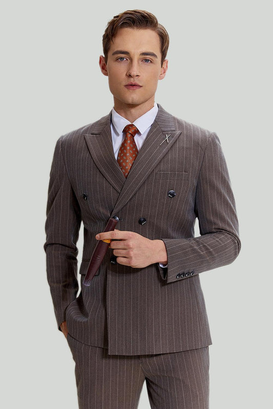 Eleganter Herrenanzug Braun Nadelstreifen 3-teilig Slim Fit für Hochzeiten-1