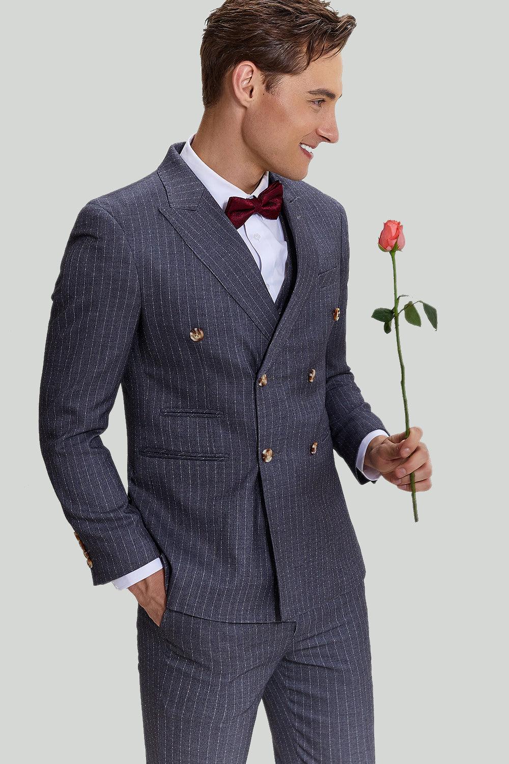 Eleganter Herrenanzug Grau 3-teilig mit Nadelstreifen aus Polyester für Hochzeiten-4