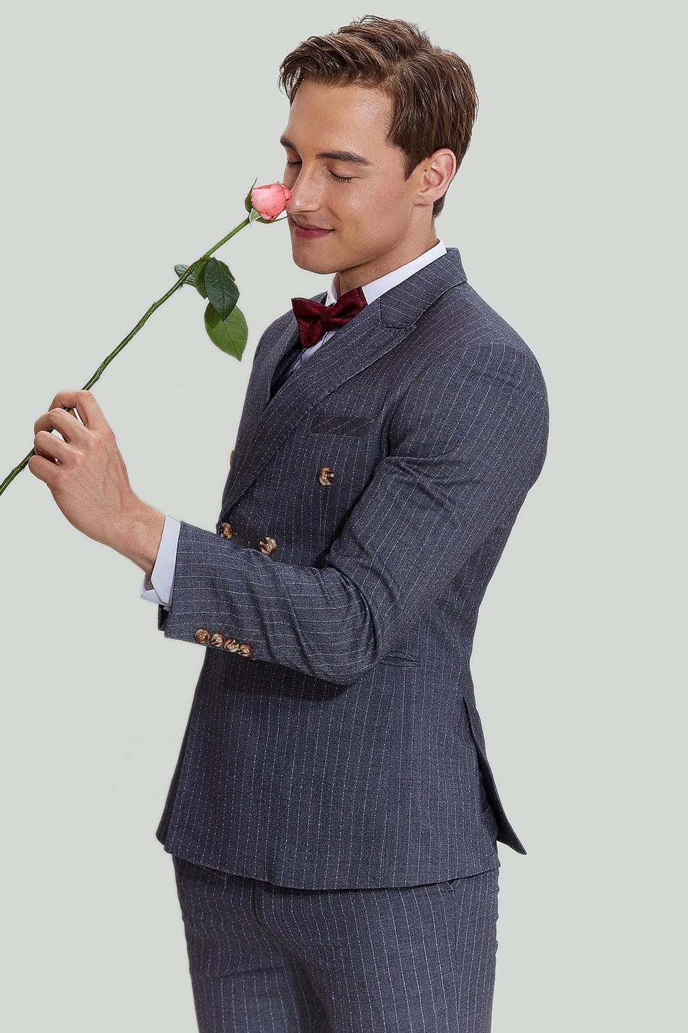 Eleganter Herrenanzug Grau 3-teilig mit Nadelstreifen aus Polyester für Hochzeiten-3