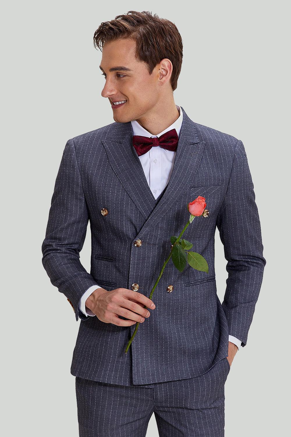 Eleganter Herrenanzug Grau 3-teilig mit Nadelstreifen aus Polyester für Hochzeiten-5