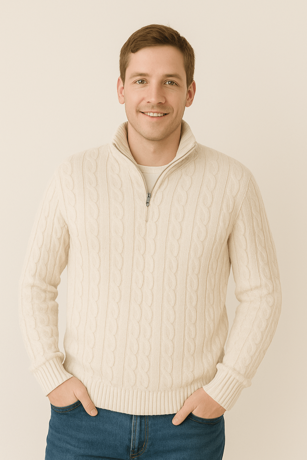 Herrenpullover Halbreißverschluss Kabelstrick Klassisches Design Warmer Stoff 1