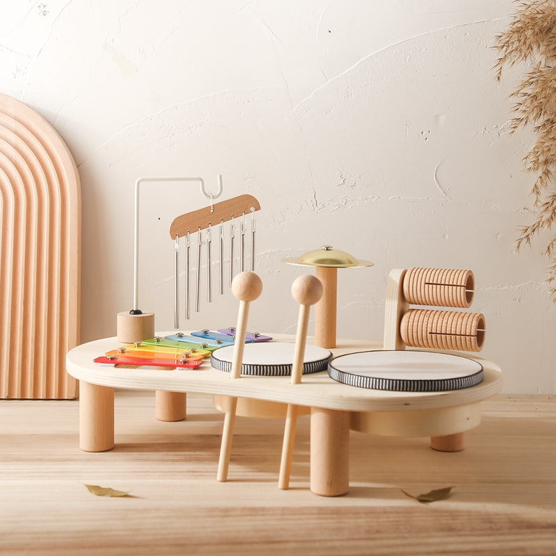 Holzmusiktisch für Kinder – Bildungsinstrument mit Schlagzeug, Xylophon und Becken, ab 1 Jahr 0