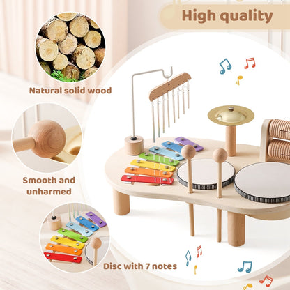 Holzmusiktisch für Kinder – Bildungsinstrument mit Schlagzeug, Xylophon und Becken, ab 1 Jahr 3