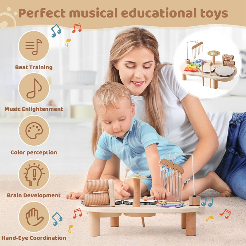 Holzmusiktisch für Kinder – Bildungsinstrument mit Schlagzeug, Xylophon und Becken, ab 1 Jahr 5