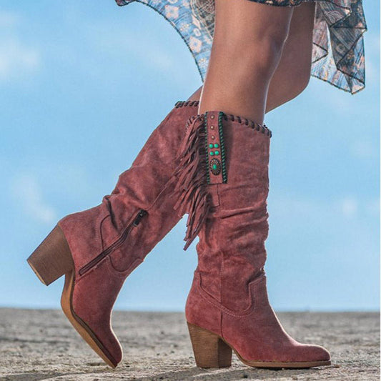 Kniehohe Damenstiefel aus Faux Wildleder in Schwarz mit Fransendetails – Bequeme Passform für Bohème-Stil 0