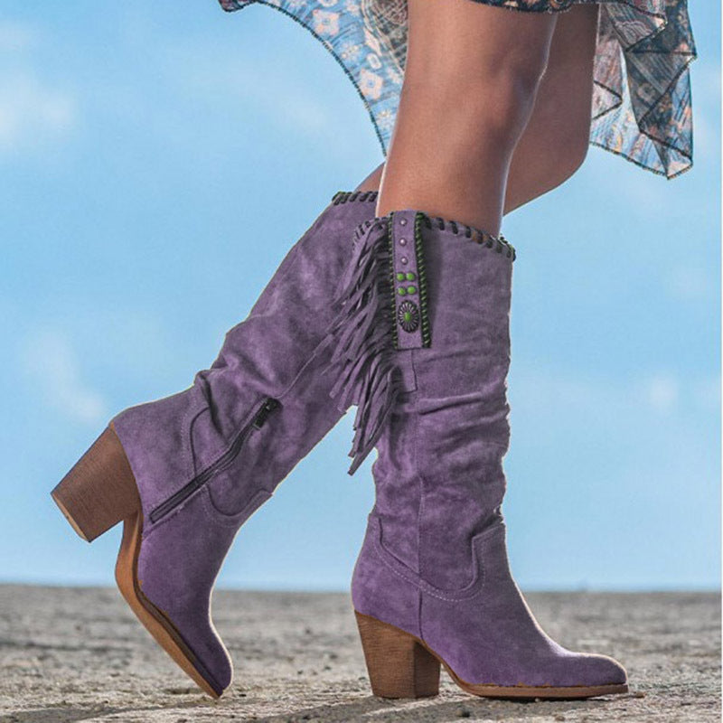 Kniehohe Damenstiefel aus Faux Wildleder in Schwarz mit Fransendetails – Bequeme Passform für Bohème-Stil 2