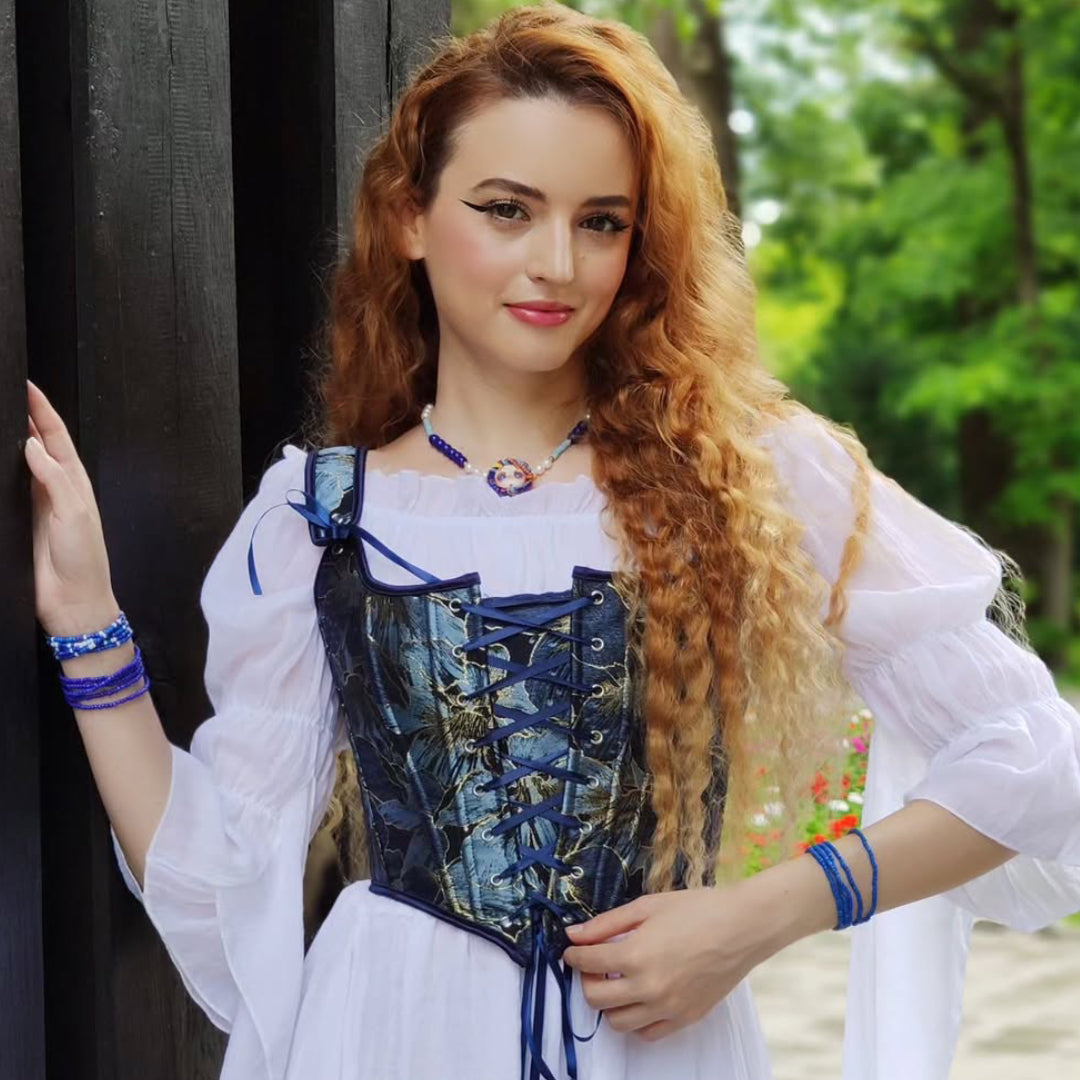 Korsettweste im Renaissance-Stil mit blauem Muster und U-Rücken 0