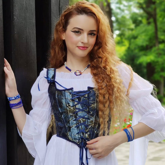 Korsettweste im Renaissance-Stil mit blauem Muster und U-Rücken 0