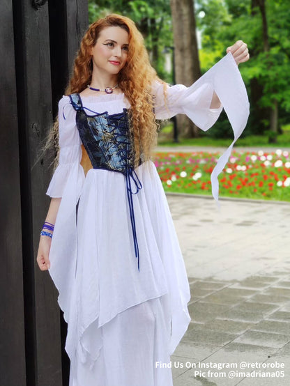 Korsettweste im Renaissance-Stil mit blauem Muster und U-Rücken 1