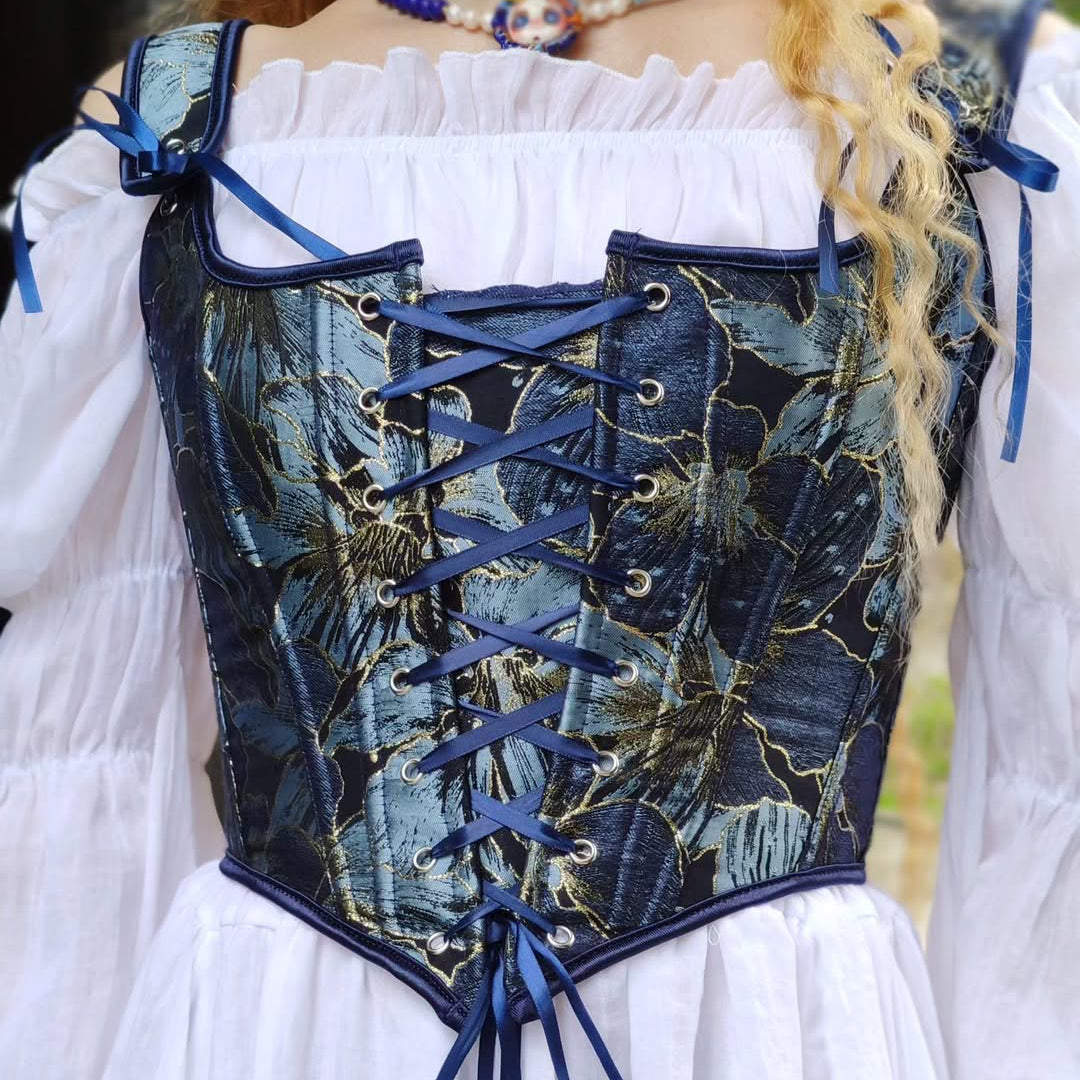 Korsettweste im Renaissance-Stil mit blauem Muster und U-Rücken 3