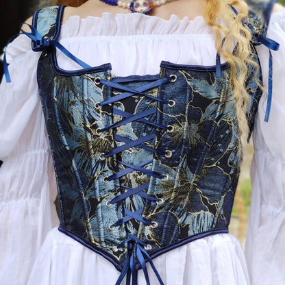 Korsettweste im Renaissance-Stil mit blauem Muster und U-Rücken 3