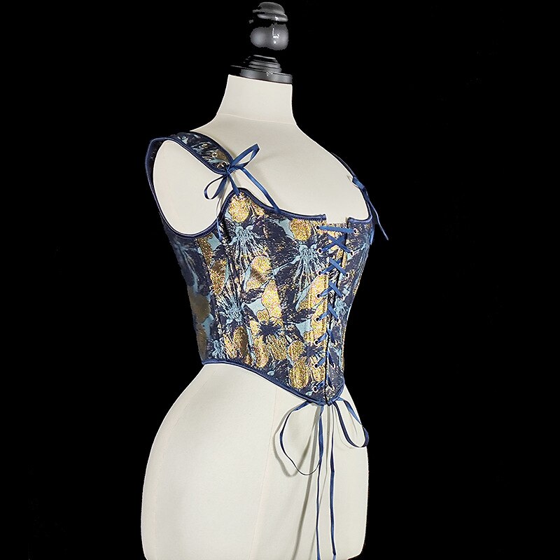Korsettweste im Renaissance-Stil mit blauem Muster und U-Rücken 5