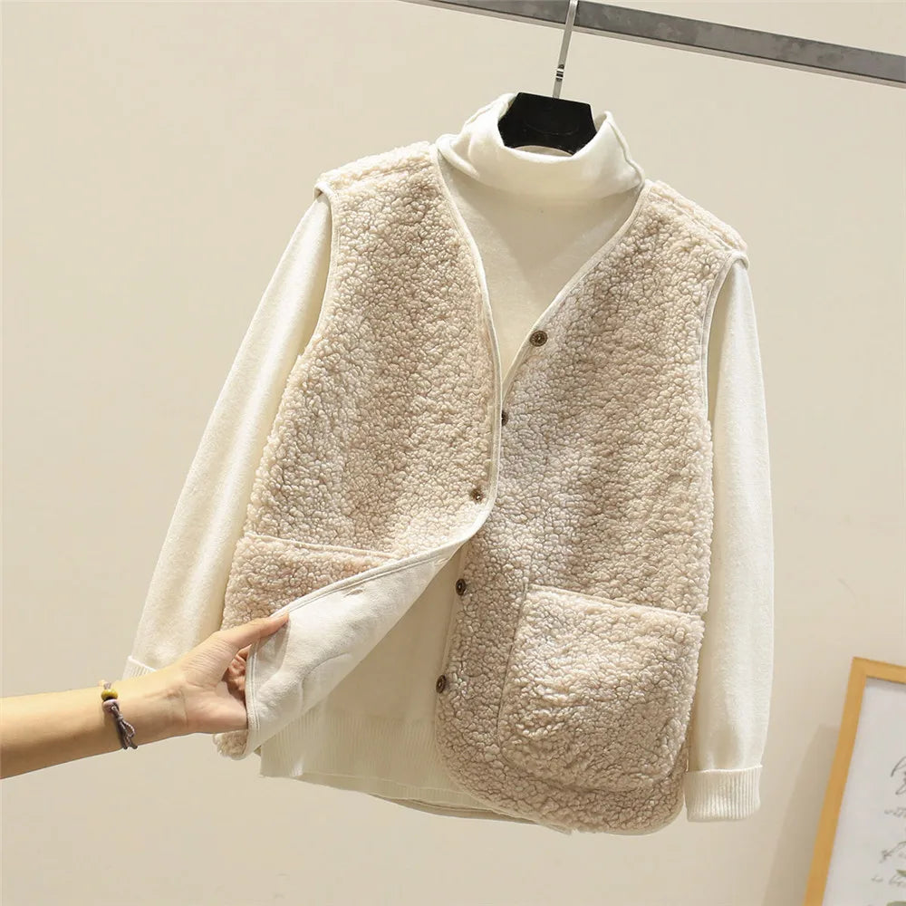 Women's Teddy Vest with Buttons – Casual Warm Perfect for Autumn & Winter