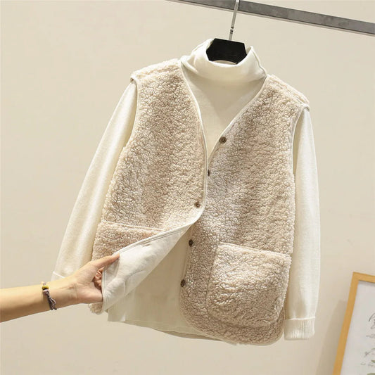 Women's Teddy Vest with Buttons – Casual Warm Perfect for Autumn & Winter