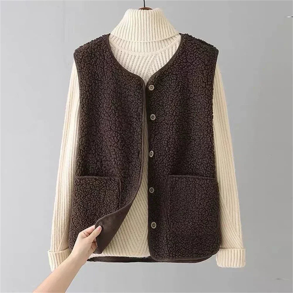 Women's Teddy Vest with Buttons – Casual Warm Perfect for Autumn & Winter