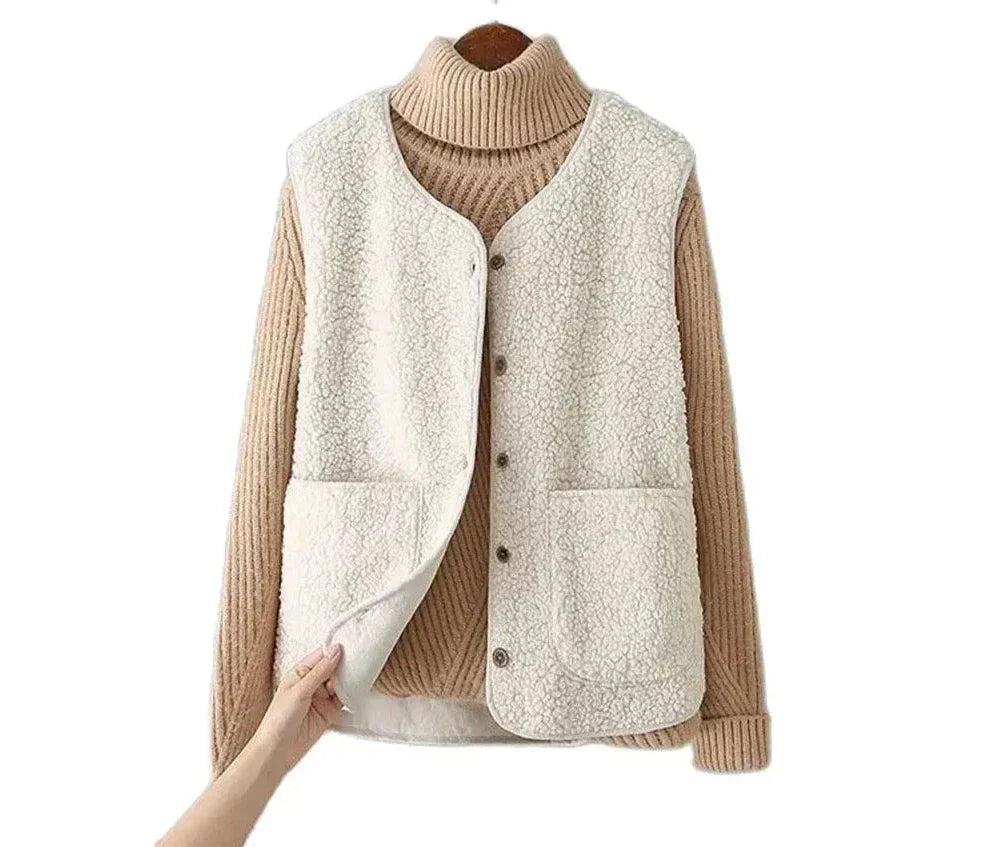 Women's Teddy Vest with Buttons – Casual Warm Perfect for Autumn & Winter