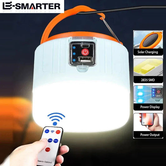 LED Campinglampe mit Solar- und USB-Ladeoption – 60W Laterne mit Fernbedienung und 3 Lichtmodi für Outdoor-Aktivitäten 0