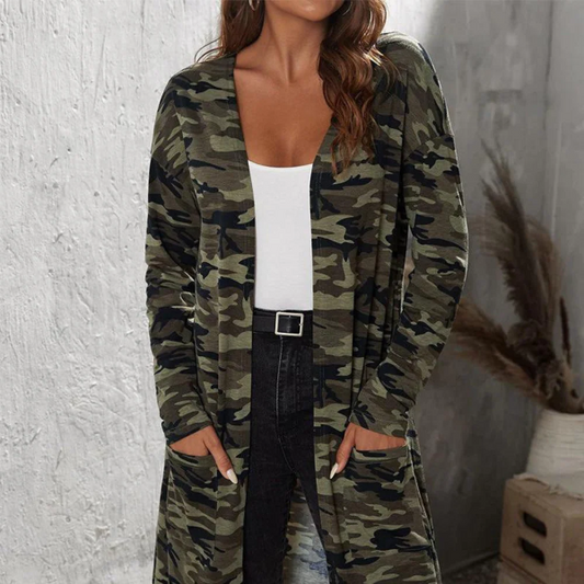 Lange Damenjacke – Lockere Passform – Baumwollmischung – Offene Vorderseite – Camouflage-Print – Taschen 0