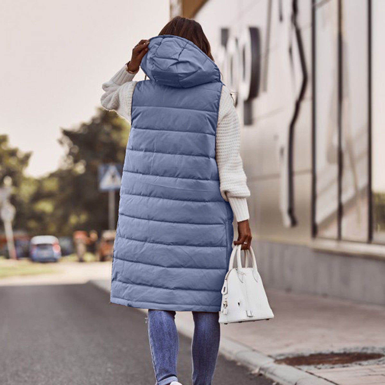 Langer Bodywarmer für Damen – Übergroße Passform – Gesteppte Wattierung – Überzieh-Stil mit Kapuze 2