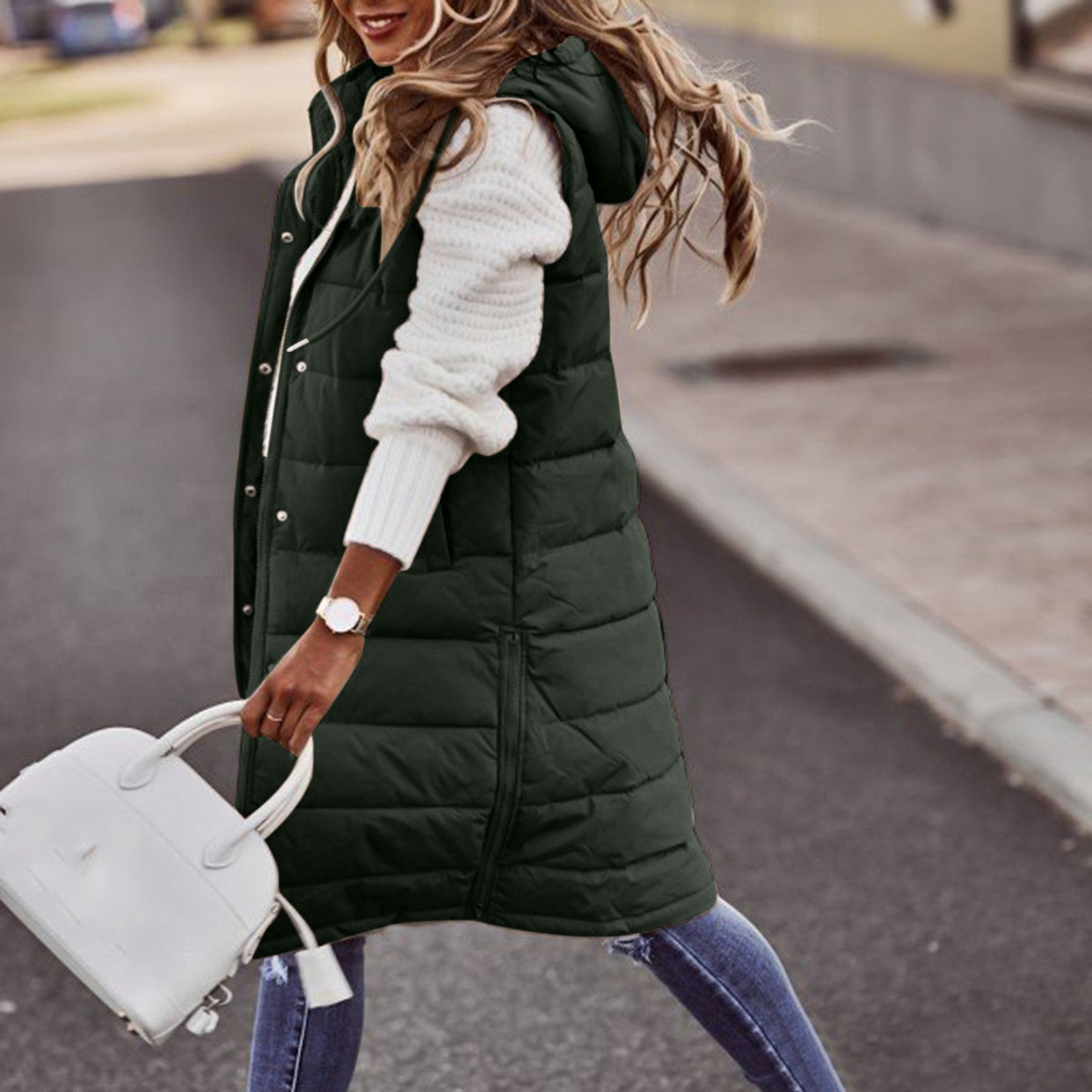 Langer Bodywarmer für Damen – Übergroße Passform – Gesteppte Wattierung – Überzieh-Stil mit Kapuze 3