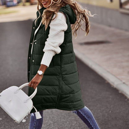 Langer Bodywarmer für Damen – Übergroße Passform – Gesteppte Wattierung – Überzieh-Stil mit Kapuze 3