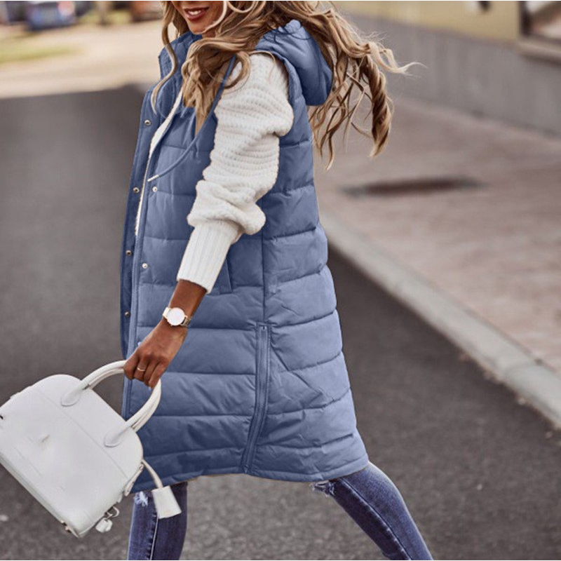 Langer Bodywarmer für Damen – Übergroße Passform – Gesteppte Wattierung – Überzieh-Stil mit Kapuze 5