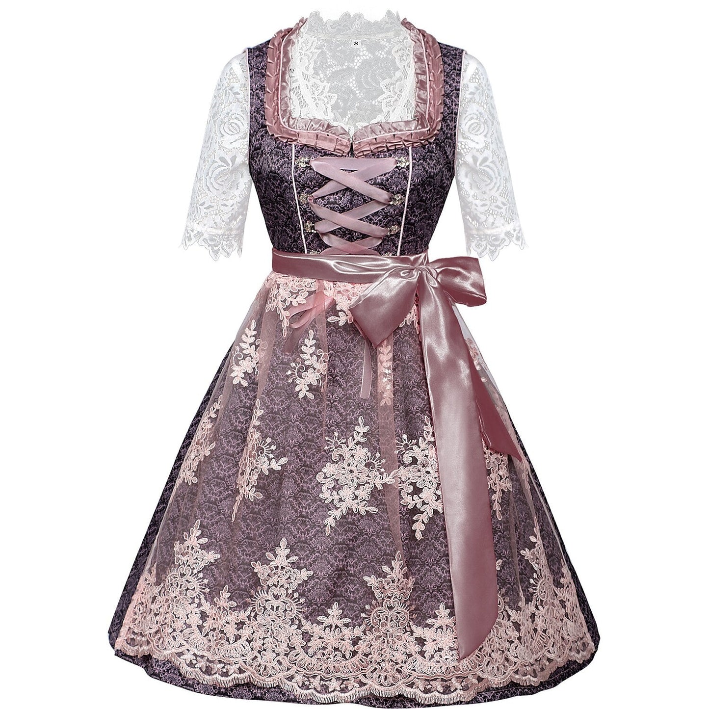 Lila besticktes Dirndlkleid mit Spitzenschürze und Bluse zum Oktoberfest 4