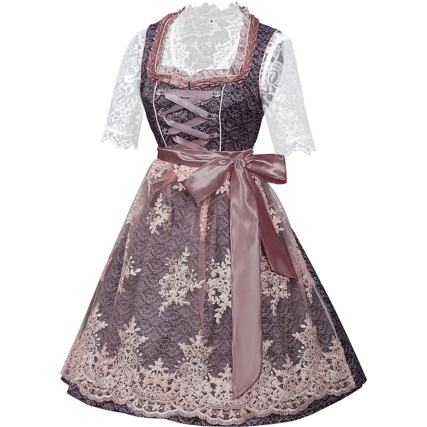 Lila besticktes Dirndlkleid mit Spitzenschürze und Bluse zum Oktoberfest 5