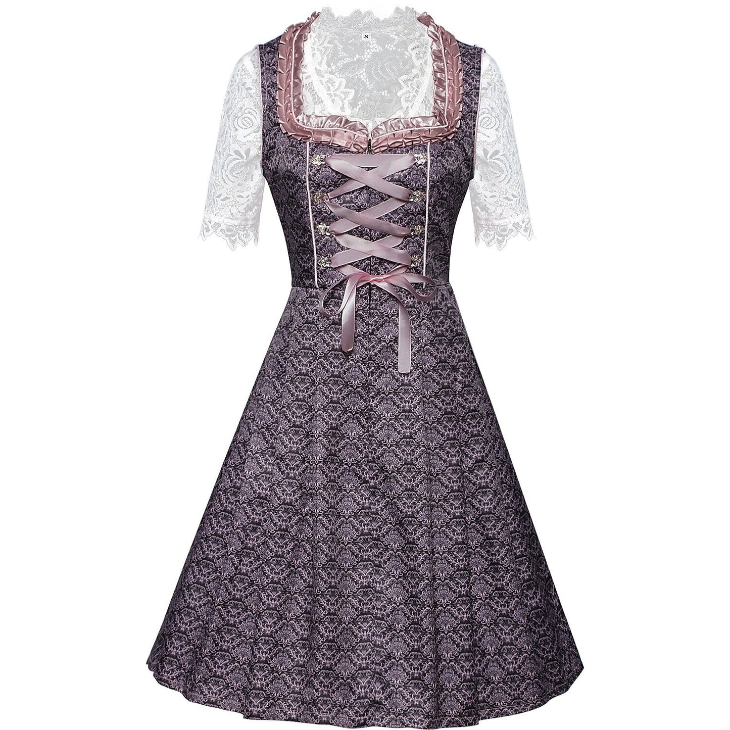 Lila besticktes Dirndlkleid mit Spitzenschürze und Bluse zum Oktoberfest 6