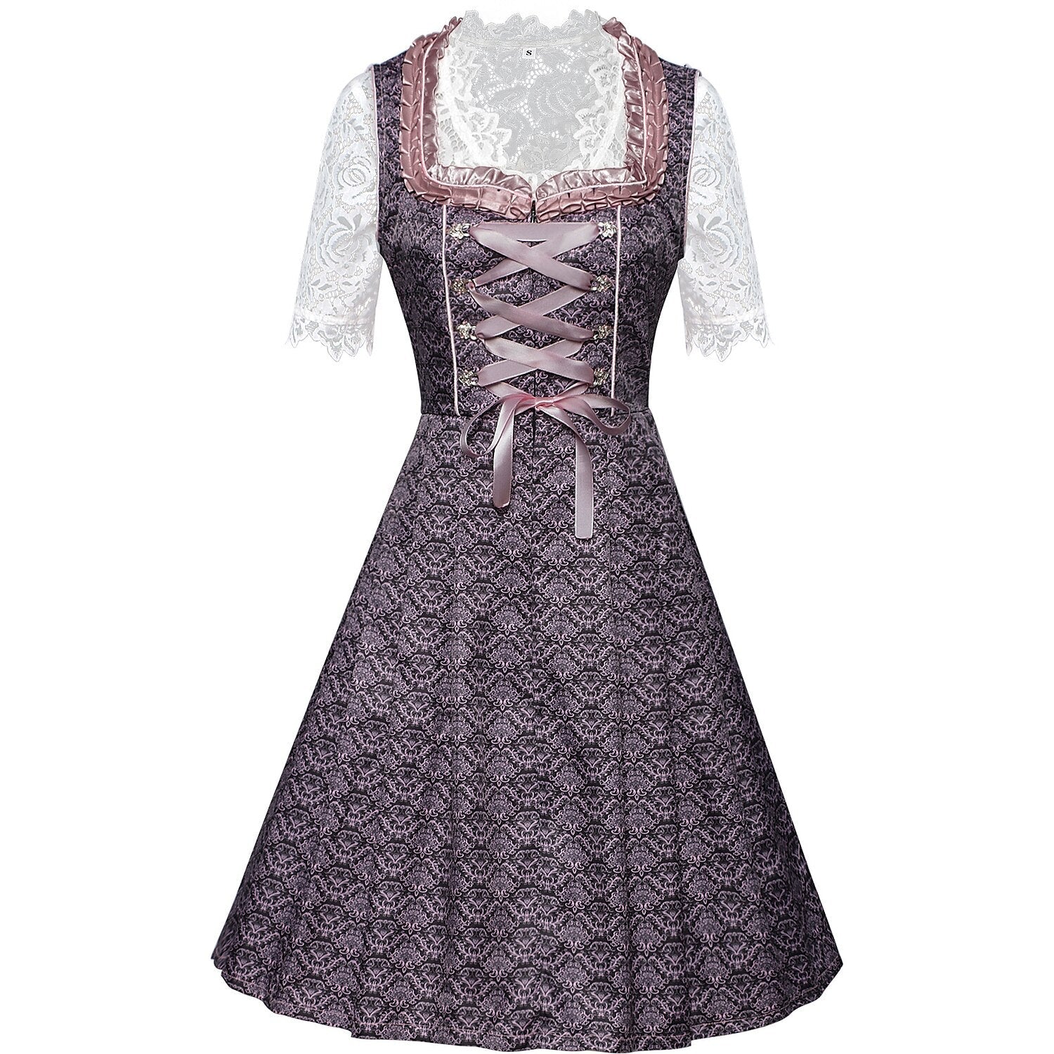 Lila besticktes Dirndlkleid mit Spitzenschürze und Bluse zum Oktoberfest 6
