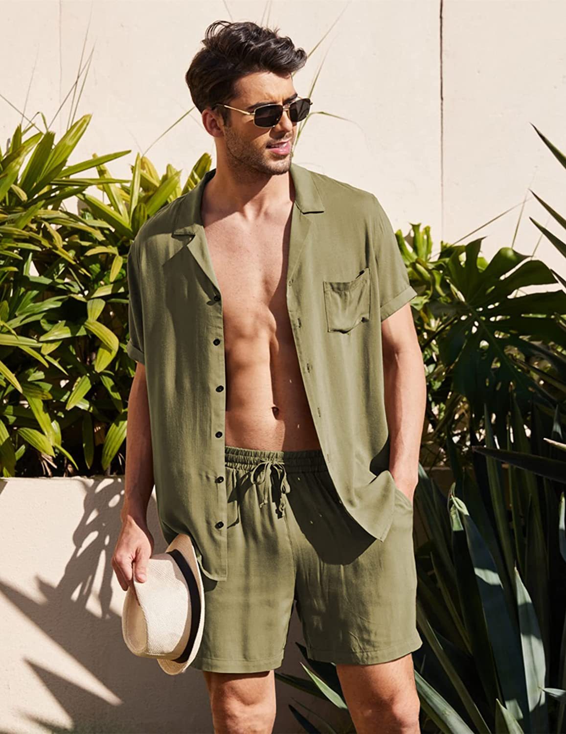 Herren Set Atmungsaktives Kurzarm Hemd und Shorts Sommer Outfits für Männer-1