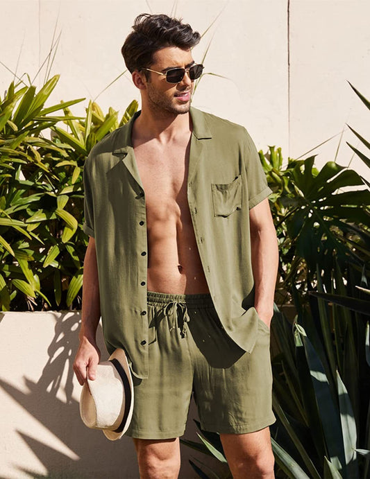 Herren Set Atmungsaktives Kurzarm Hemd und Shorts Sommer Outfits für Männer-1