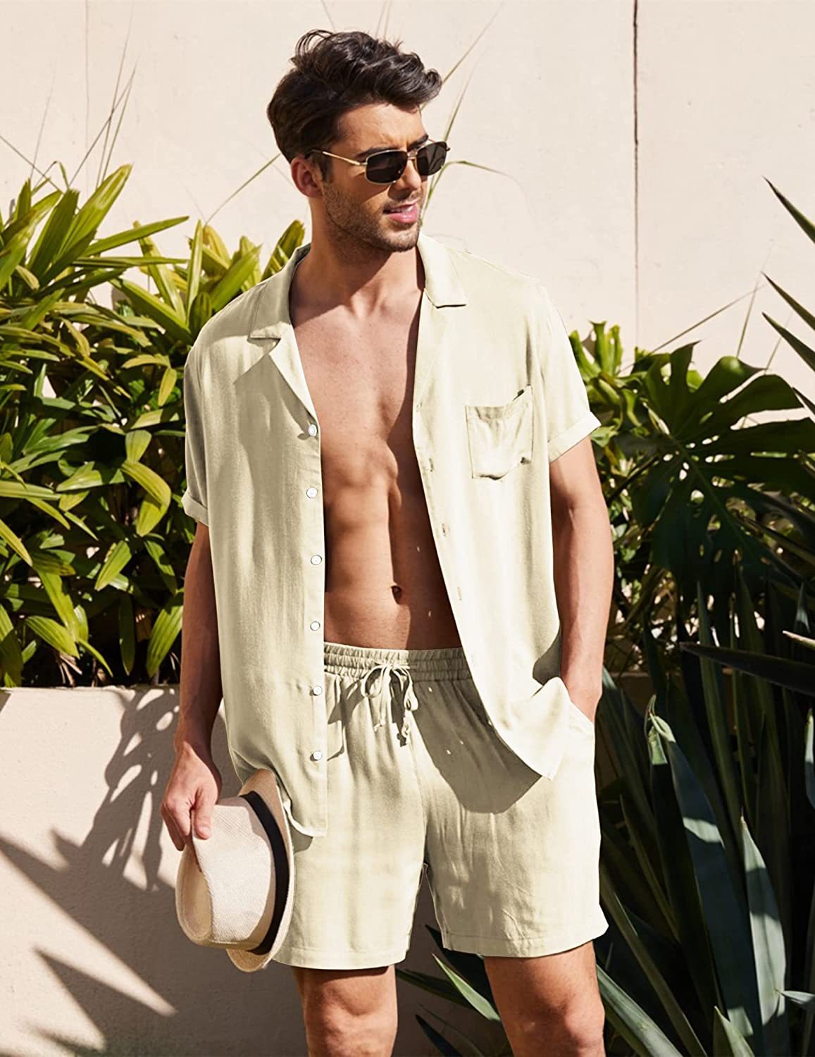 Herren Set Atmungsaktives Kurzarm Hemd und Shorts Sommer Outfits für Männer-2