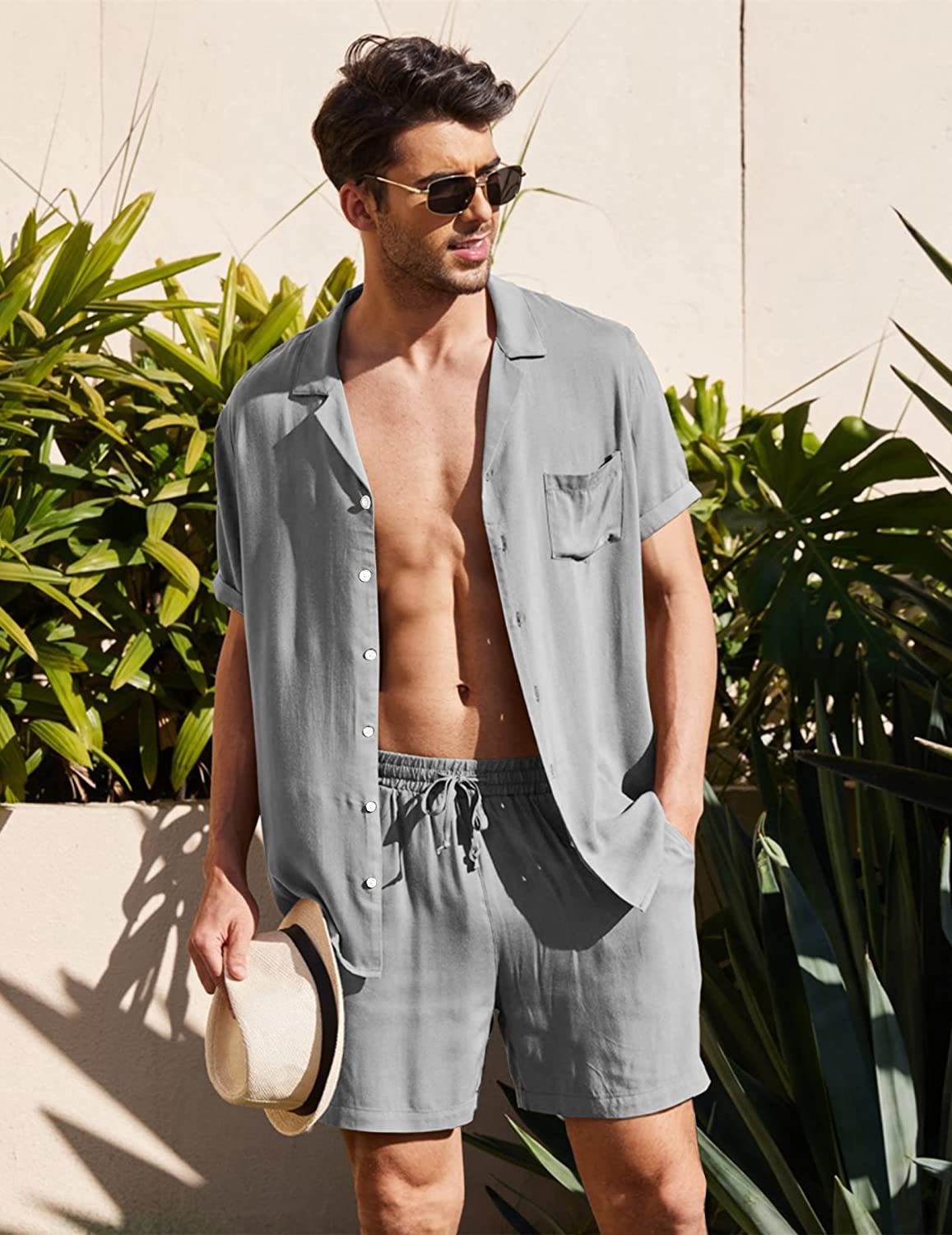 Herren Set Atmungsaktives Kurzarm Hemd und Shorts Sommer Outfits für Männer-3