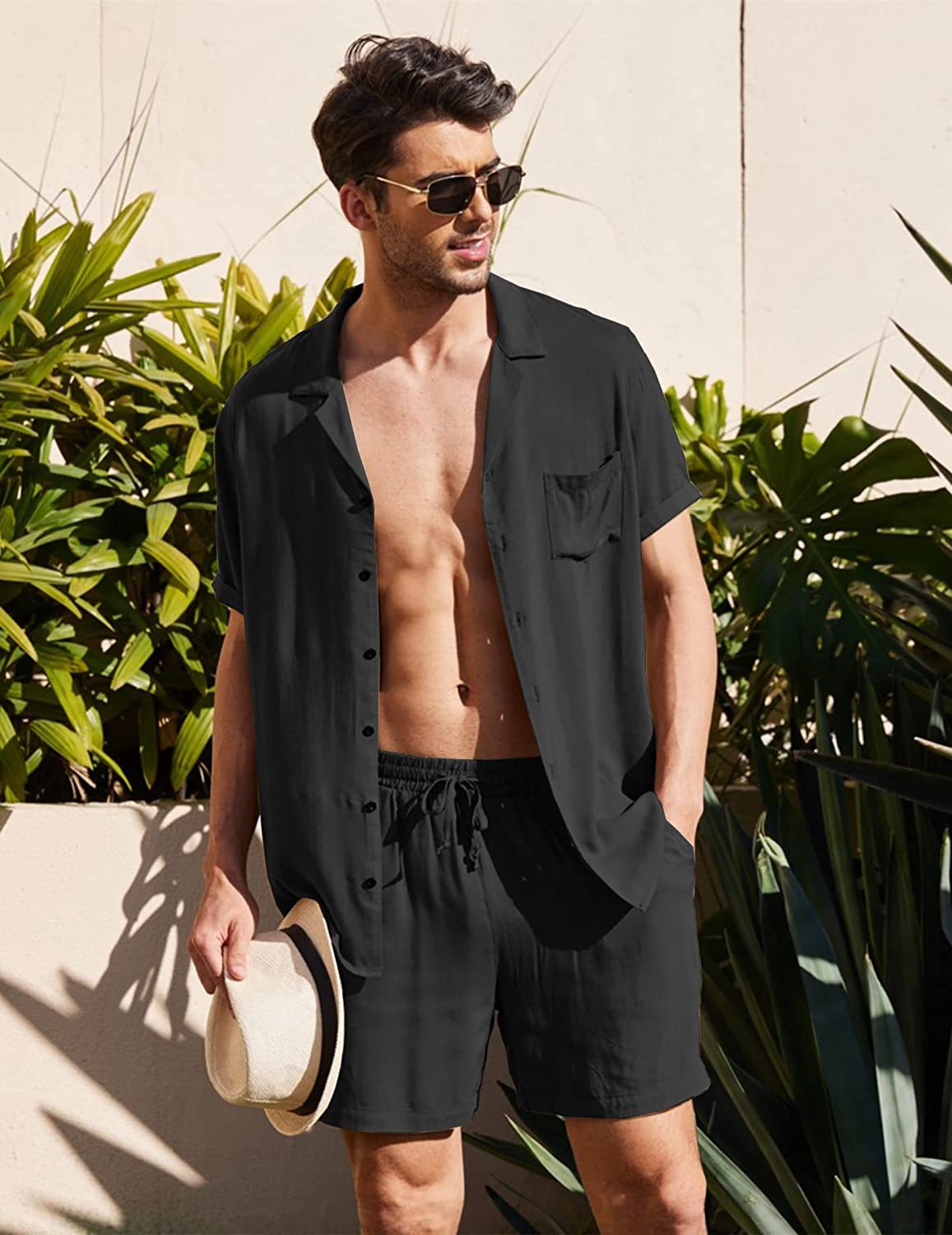 Herren Set Atmungsaktives Kurzarm Hemd und Shorts Sommer Outfits für Männer-6