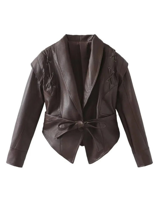 Madonna | Damen Winterjacke aus Leder mit Bindegürtel 0