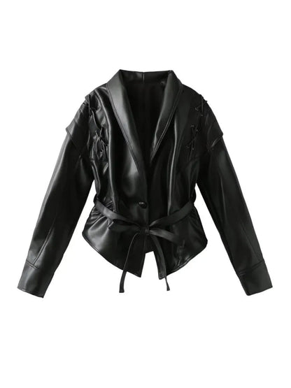 Madonna | Damen Winterjacke aus Leder mit Bindegürtel 3