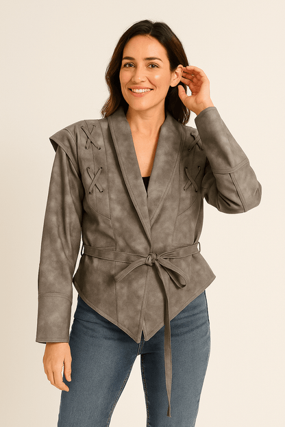 Madonna | Damen Winterjacke aus Leder mit Bindegürtel 4